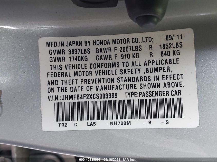 2012 Honda Civic Hybrid VIN: JHMFB4F2XCS003399 Lot: 40339998