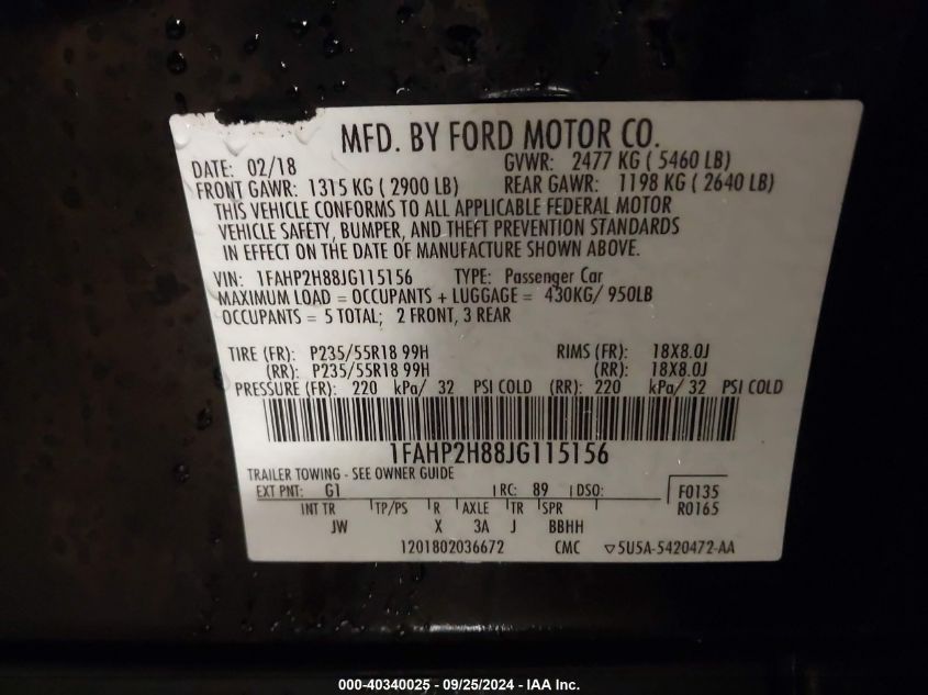 1FAHP2H88JG115156 2018 Ford Taurus Sel