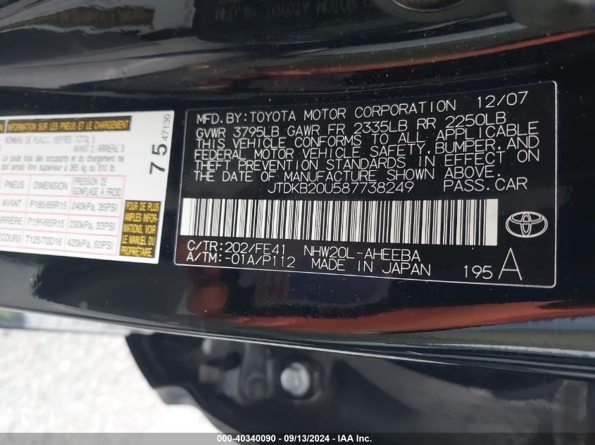 2008 Toyota Prius VIN: JTDKB20U587738249 Lot: 40340090