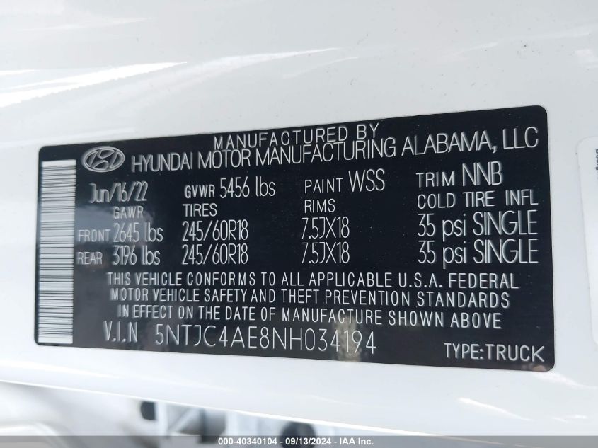 2022 Hyundai Santa Cruz Sel VIN: 5NTJC4AE8NH034194 Lot: 40340104