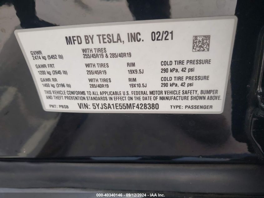 2021 Tesla Model S Long Range Dual Motor All-Wheel Drive VIN: 5YJSA1E55MF428380 Lot: 40340146