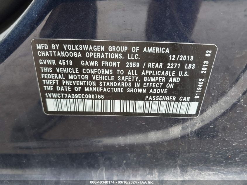 1VWCT7A39EC060755 2014 Volkswagen Passat 1.8T Sel Premium