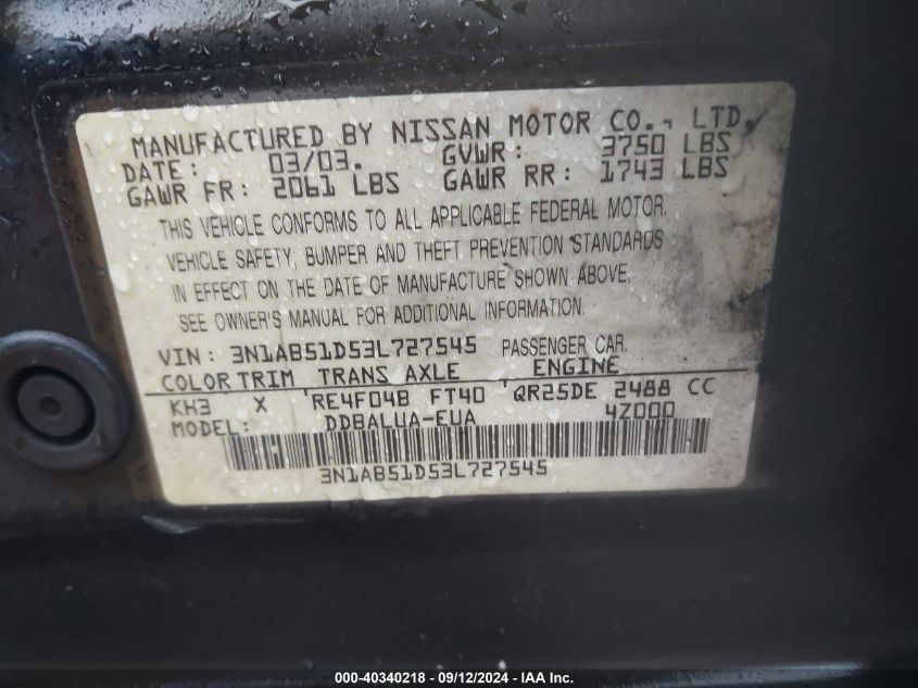 2003 Nissan Sentra Se-R VIN: 3N1AB51D53L727545 Lot: 40340218