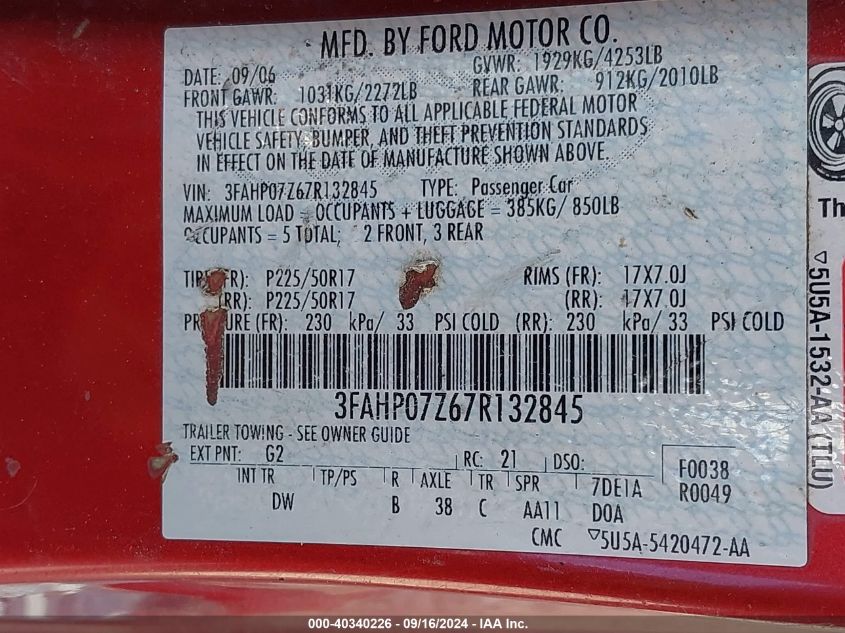 2007 Ford Fusion Se VIN: 3FAHP07Z67R132845 Lot: 40340226