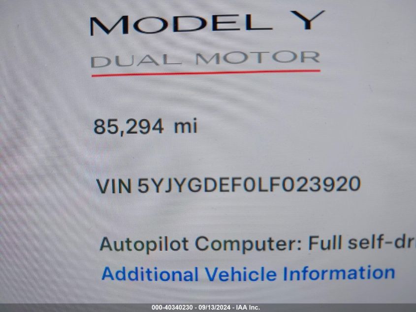 2020 TESLA MODEL Y LONG RANGE DUAL MOTOR ALL-WHEEL DRIVE/PERFORMANCE DUAL MOTOR ALL-WHEEL DRIVE - 5YJYGDEF0LF023920