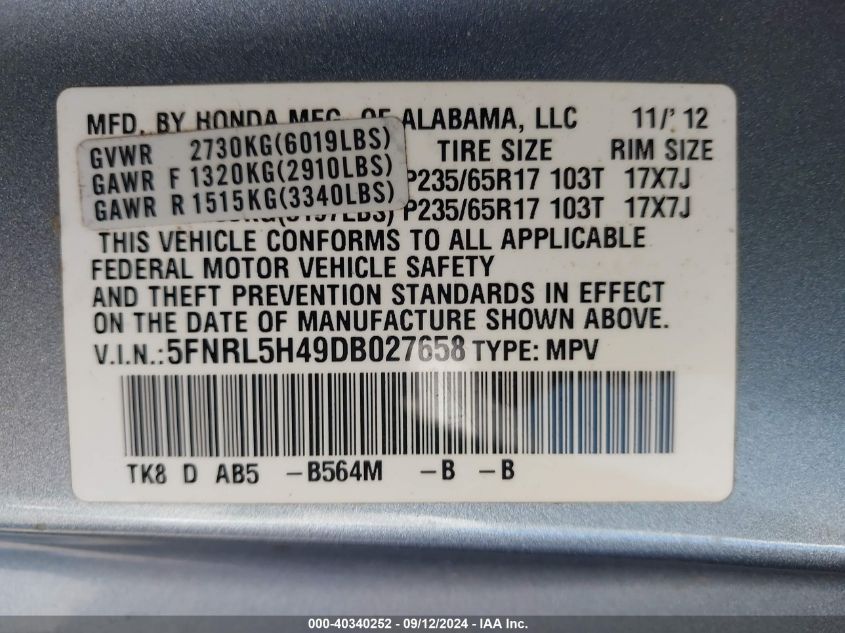 2013 Honda Odyssey Ex VIN: 5FNRL5H49DB027658 Lot: 40340252