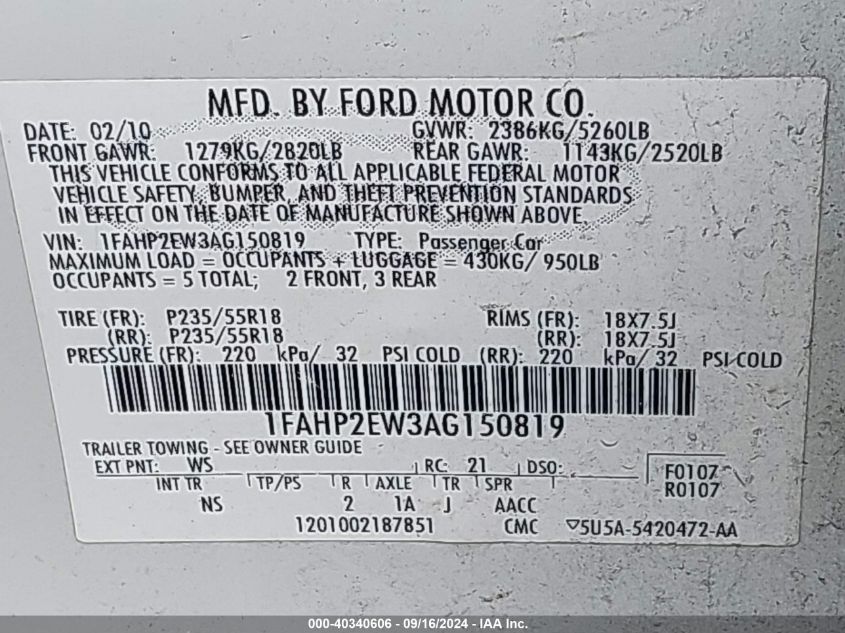 1FAHP2EW3AG150819 2010 Ford Taurus Sel