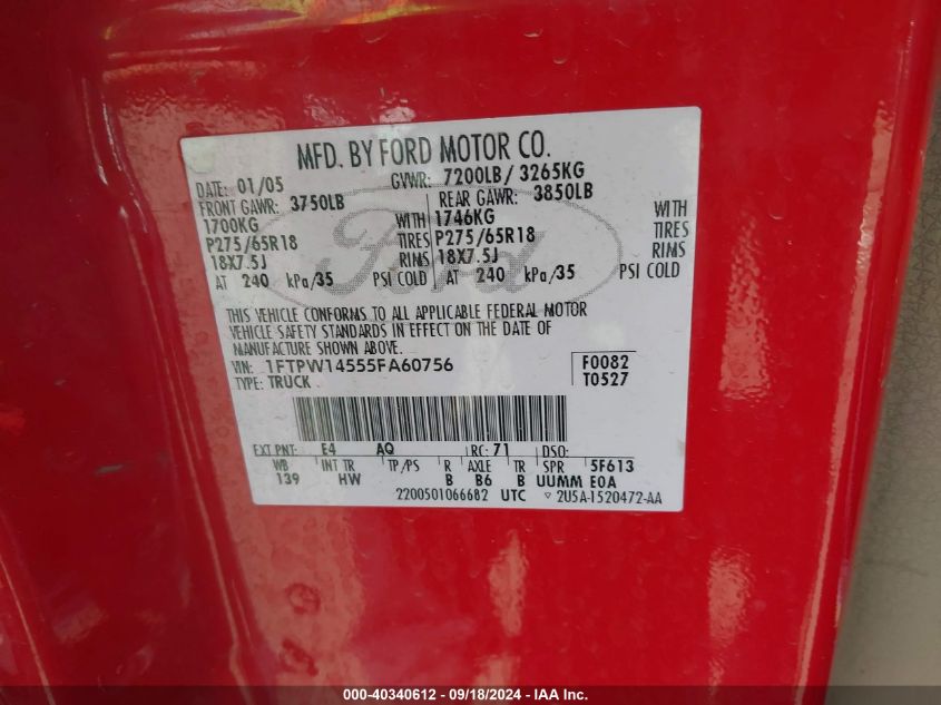 1FTPW14555FA60756 2005 Ford F-150 Fx4/Lariat/Xlt