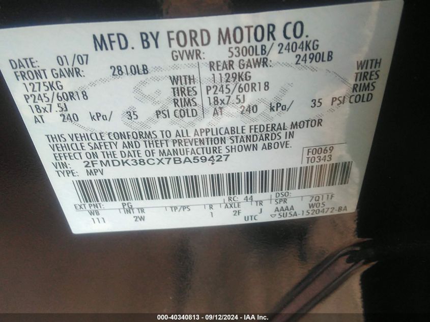 2FMDK38CX7BA59427 2007 Ford Edge Sel