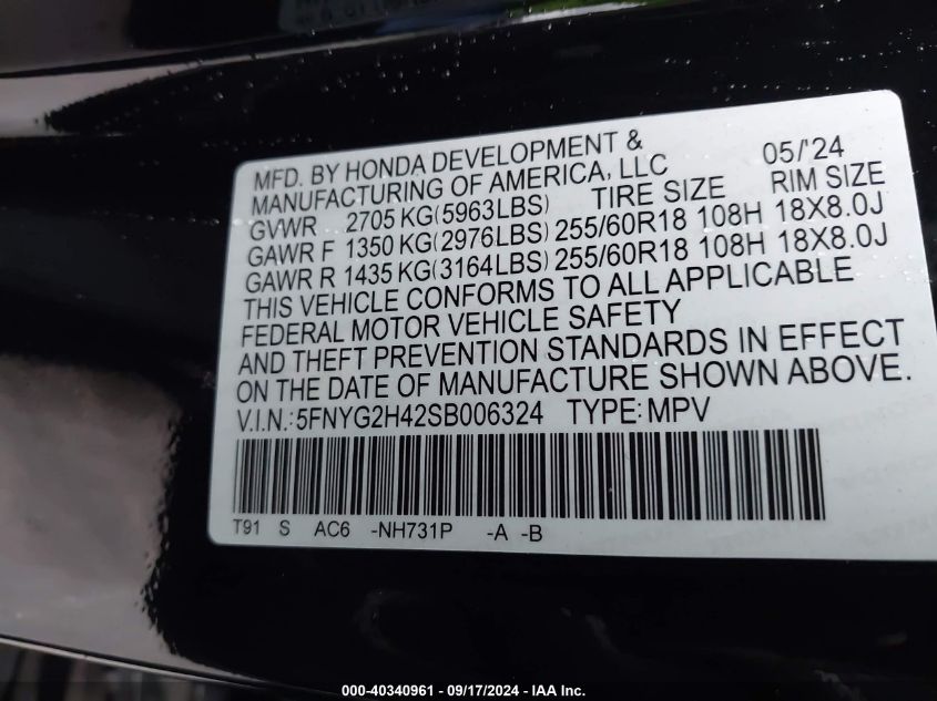 2025 Honda Pilot Exl VIN: 5FNYG2H42SB006324 Lot: 40340961