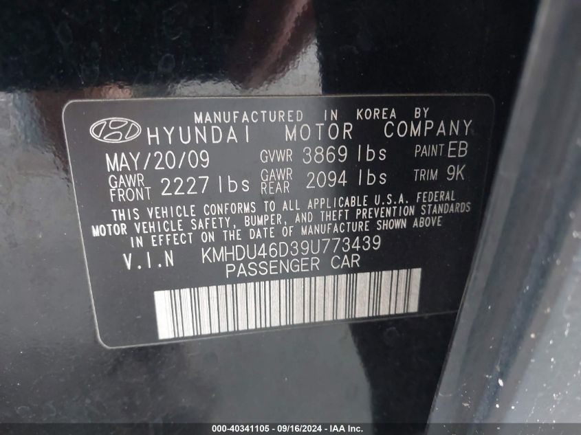 2009 Hyundai Elantra Gls VIN: KMHDU46D39U773439 Lot: 40341105