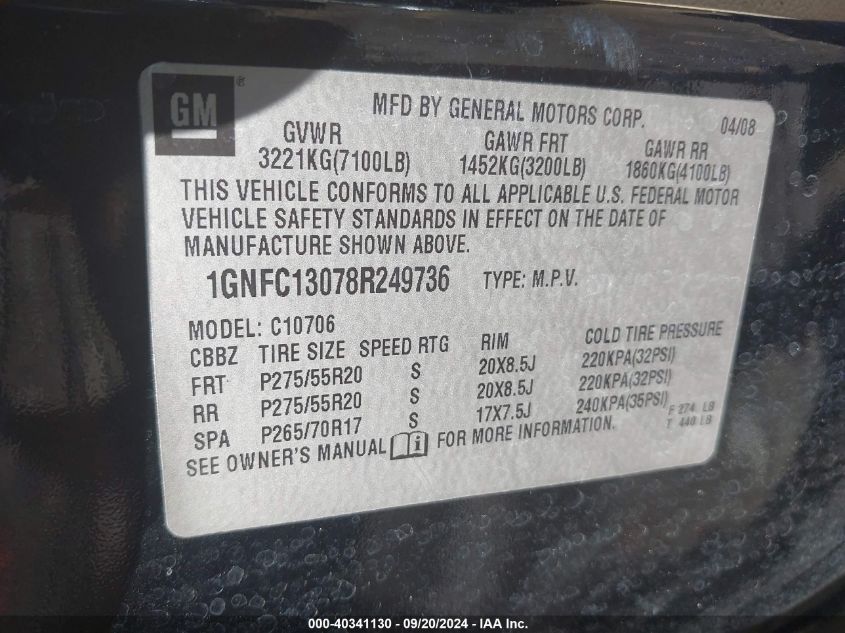 1GNFC13078R249736 2008 Chevrolet Tahoe Ltz