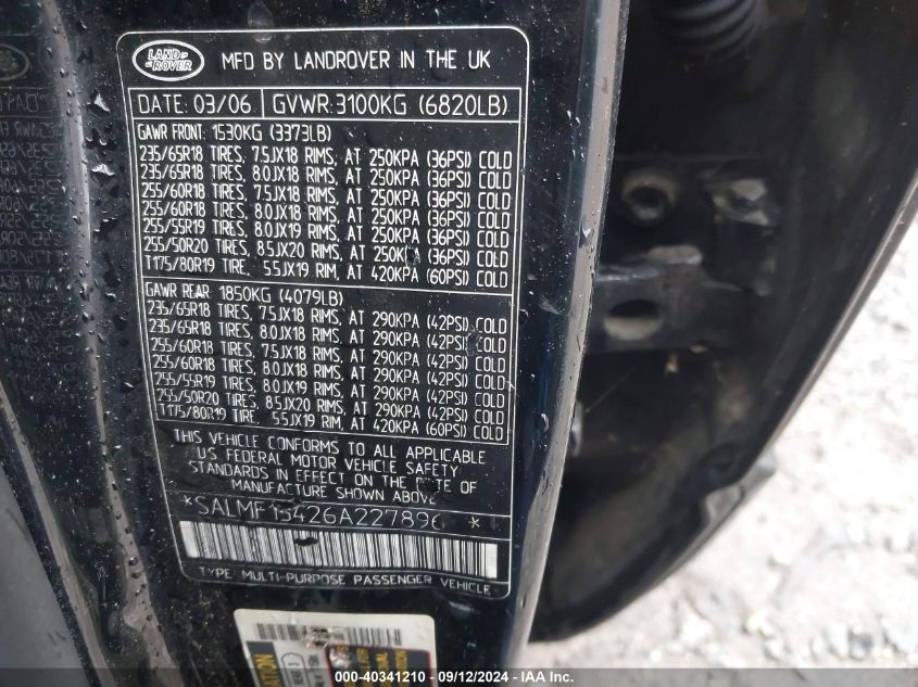 2006 Land Rover Range Rover Hse VIN: SALMF15426A227896 Lot: 40341210