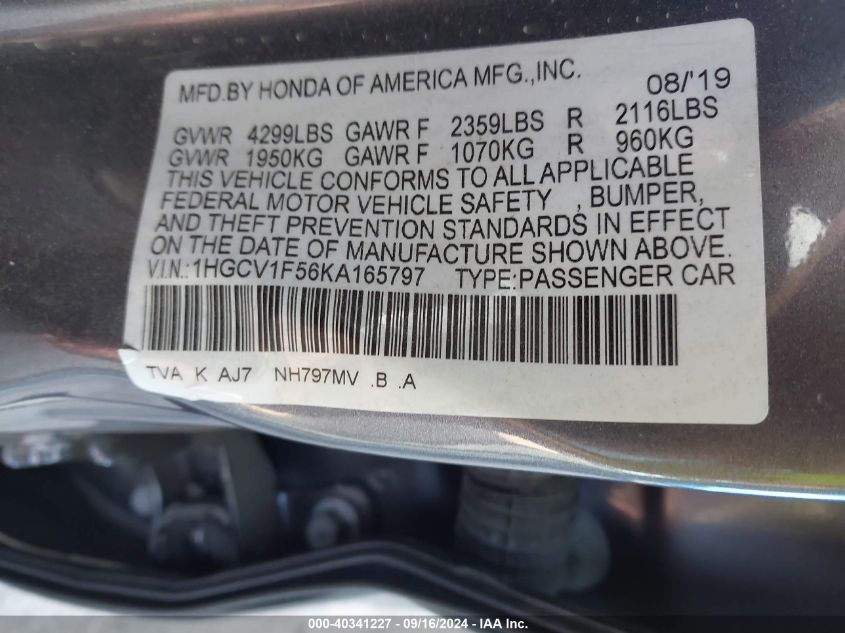 1HGCV1F56KA165797 2019 Honda Accord Exl