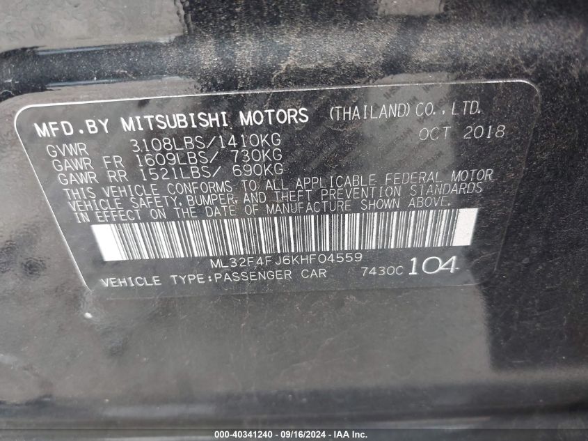 ML32F4FJ6KHF04559 2019 Mitsubishi Mirage G4 Se