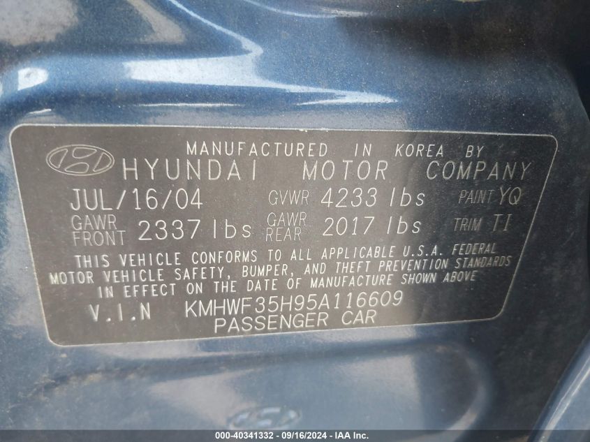 KMHWF35H95A116609 2005 Hyundai Sonata Gls/Lx