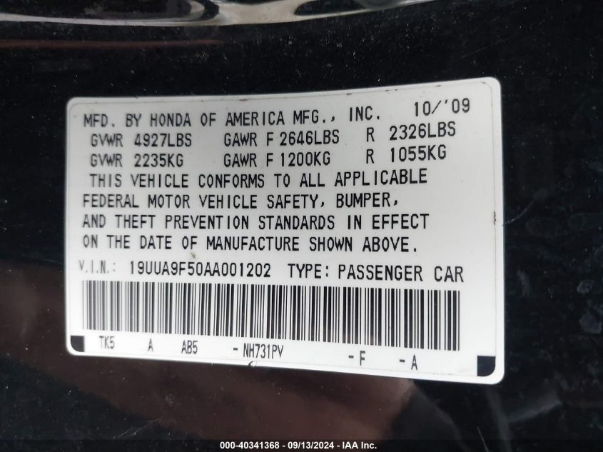 19UUA9F50AA001202 2010 Acura Tl 3.7