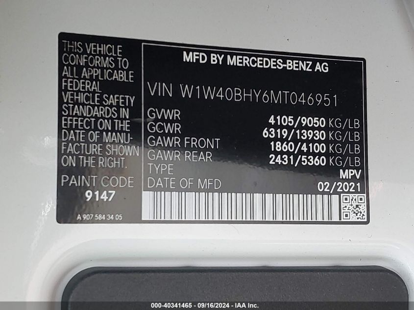 2021 Mercedes-Benz Sprinter 2500 Standard Roof I4 VIN: W1W40BHY6MT046951 Lot: 40341465