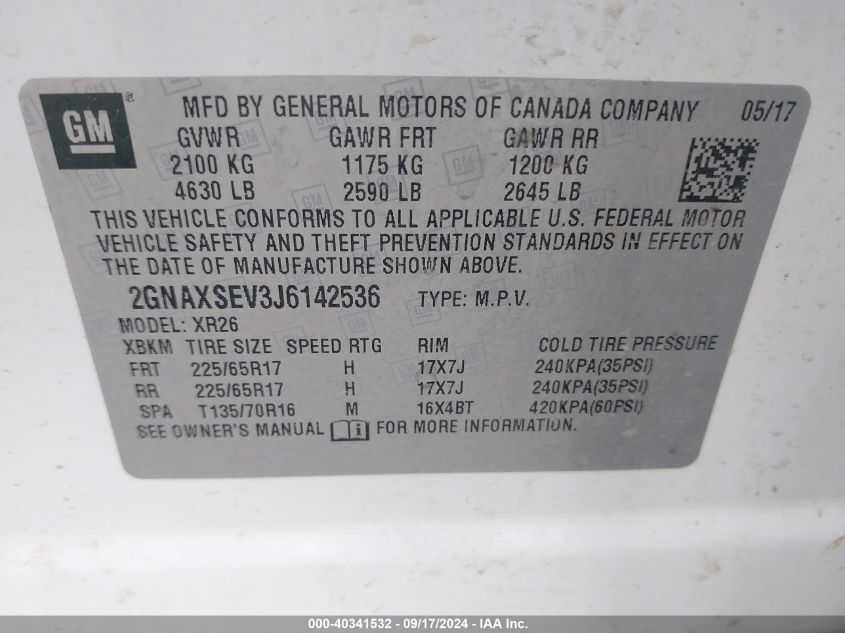 2GNAXSEV3J6142536 2018 Chevrolet Equinox Lt