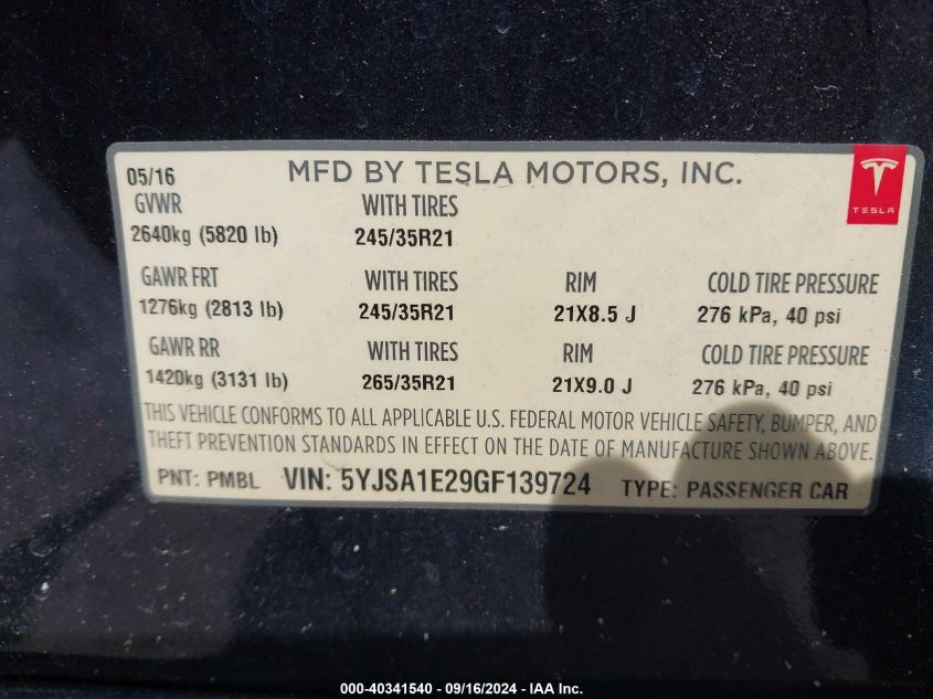 2016 Tesla Model S 60D/70D/75D/85D/90D VIN: 5YJSA1E29GF139724 Lot: 40341540