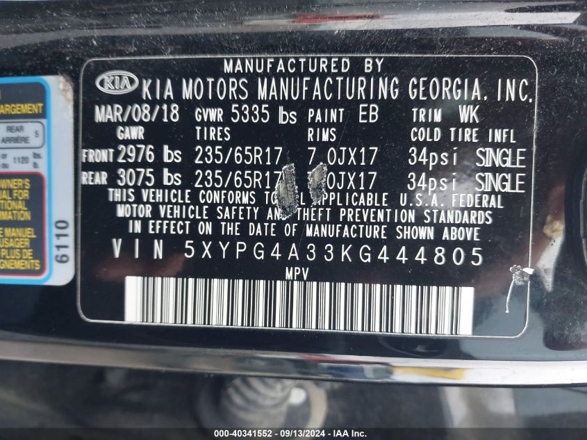 2019 Kia Sorento 2.4L Lx VIN: 5XYPG4A33KG444805 Lot: 40341552