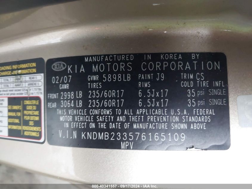 KNDMB233576165109 2007 Kia Sedona Ex/Lx