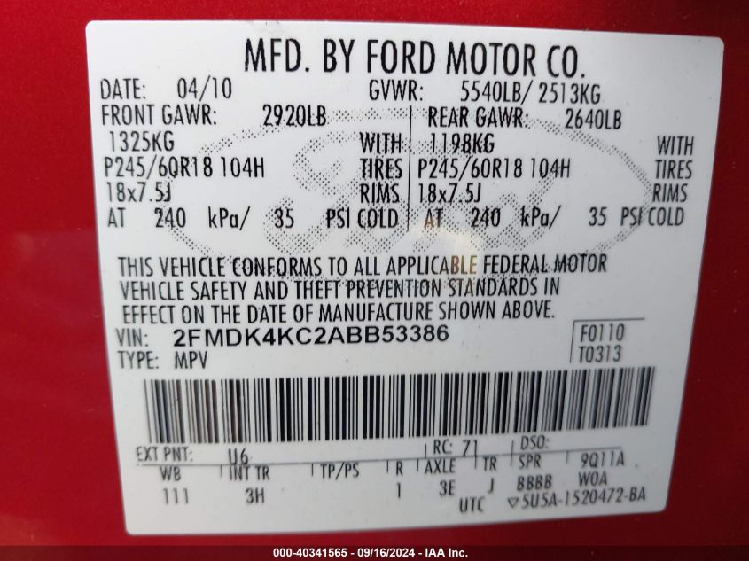 2010 Ford Edge Limited VIN: 2FMDK4KC2ABB53386 Lot: 40341565