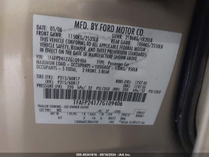 1FAFP24177G109406 2007 Ford Five Hundred Sel