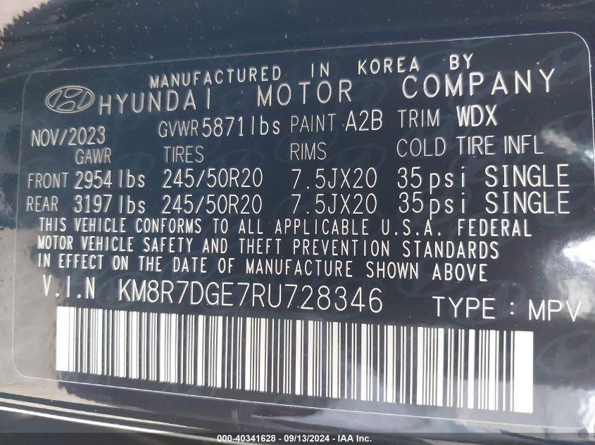 2024 Hyundai Palisade Calligraphy VIN: KM8R7DGE7RU728346 Lot: 40341628