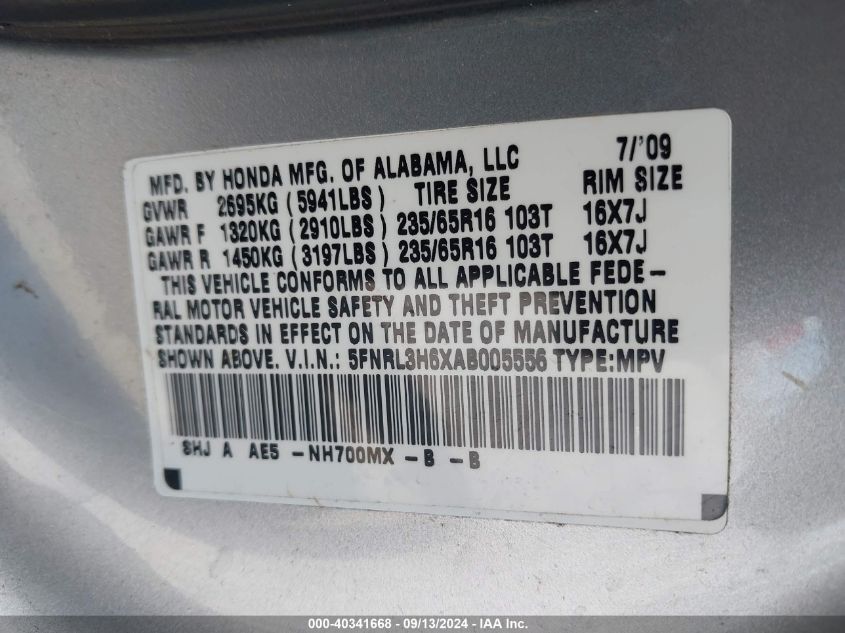 2010 Honda Odyssey Exl VIN: 5FNRL3H6XAB005556 Lot: 40341668