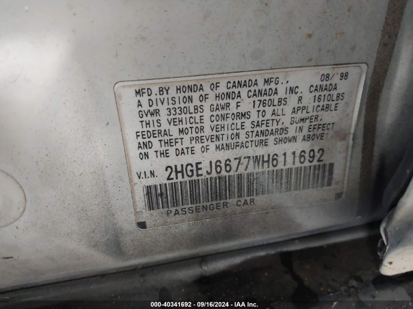 2HGEJ6677WH611692 1998 Honda Civic Lx