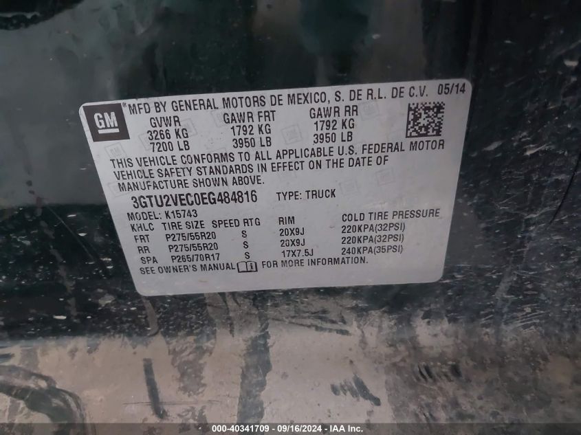 2014 GMC SIERRA 1500 VIN: 3GTU2VEC0EG484816