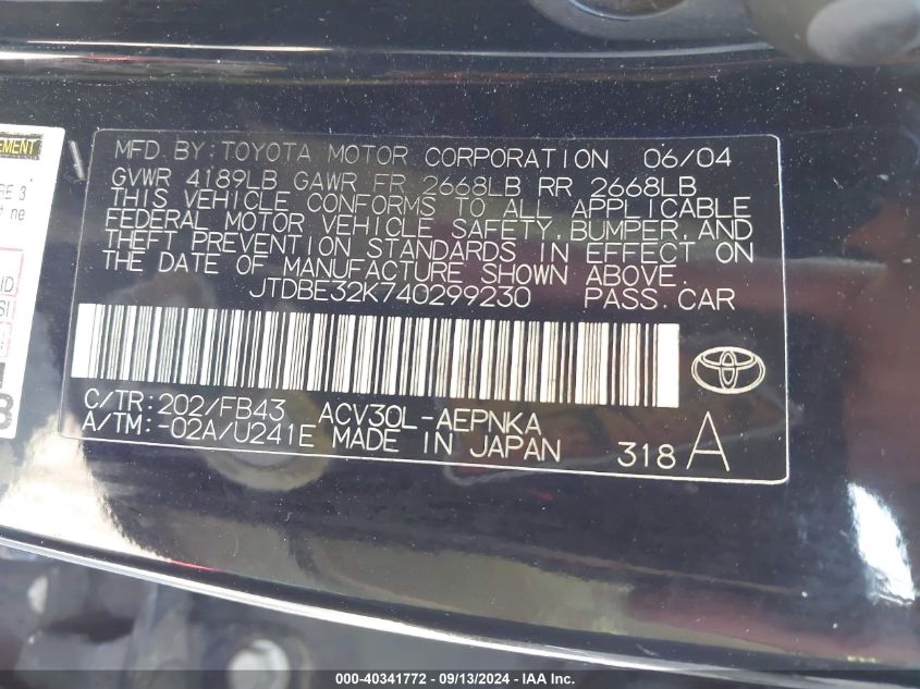 JTDBE32K740299230 2004 Toyota Camry Le/Xle