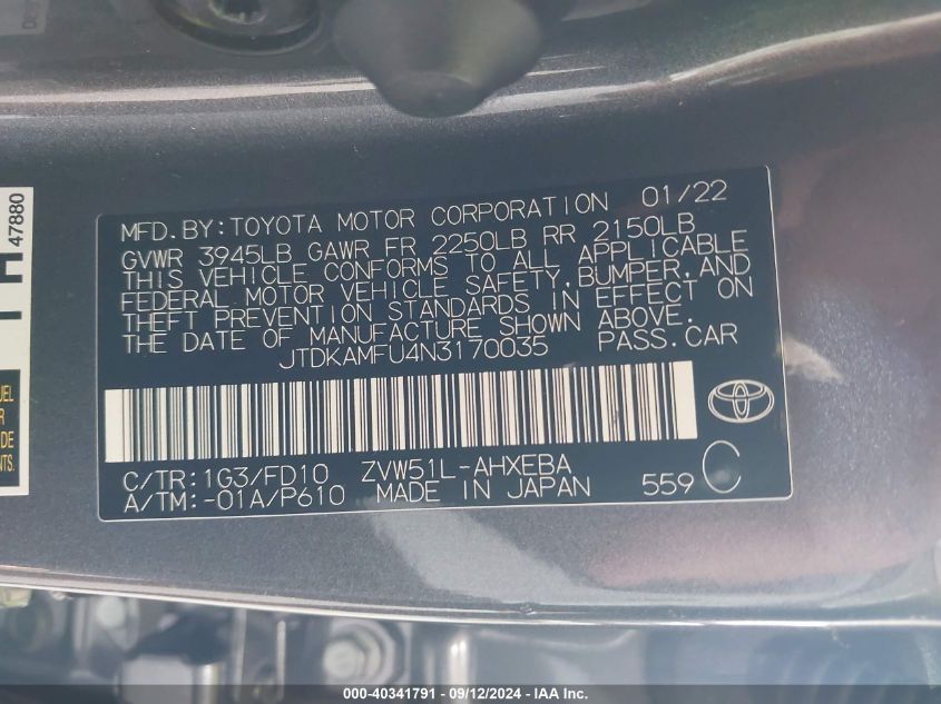 JTDKAMFU4N3170035 2022 Toyota Prius Le