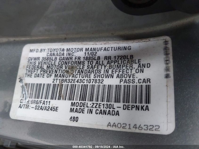 2003 Toyota Corolla Le VIN: 2T1BR32E43C107832 Lot: 40341792