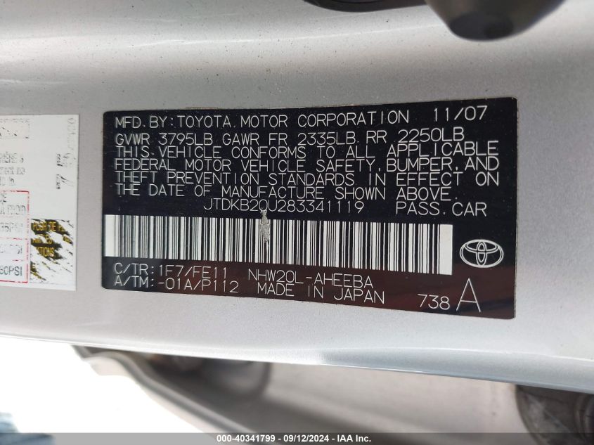 2008 Toyota Prius VIN: JTDKB20U283341119 Lot: 40341799