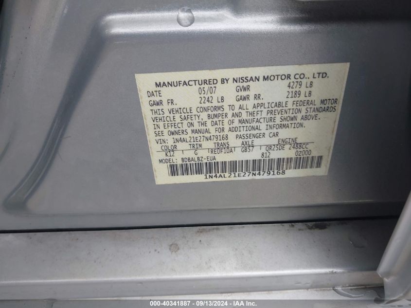 1N4AL21E27N479168 2007 Nissan Altima 2.5 S