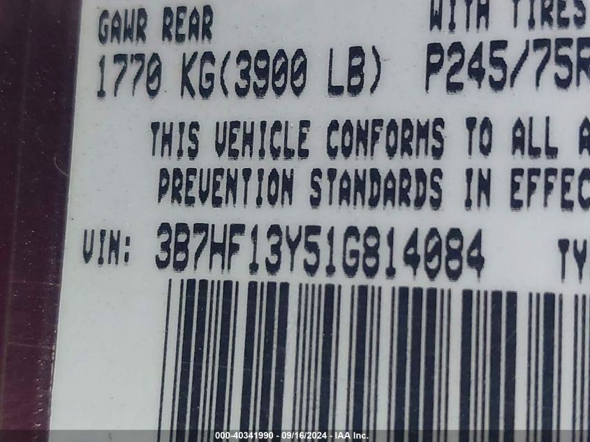2001 Dodge Ram 1500 VIN: 3B7HF13Y51G814084 Lot: 40341990