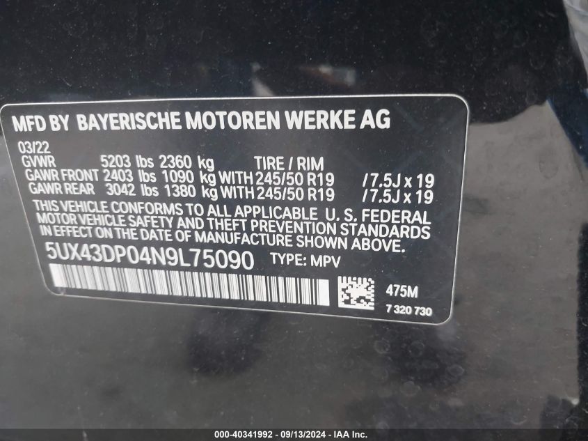 2022 BMW X3 Sdrive30I VIN: 5UX43DP04N9L75090 Lot: 40341992