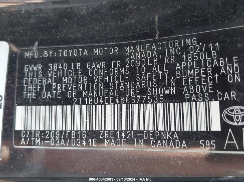 2011 Toyota Corolla Le VIN: 2T1BU4EE4BC577535 Lot: 40342001