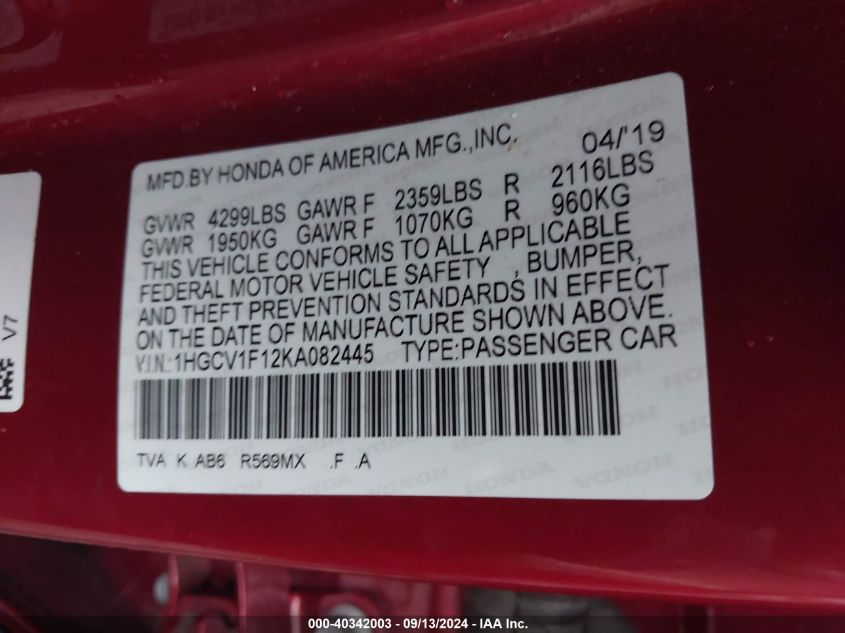 1HGCV1F12KA082445 2019 Honda Accord Lx