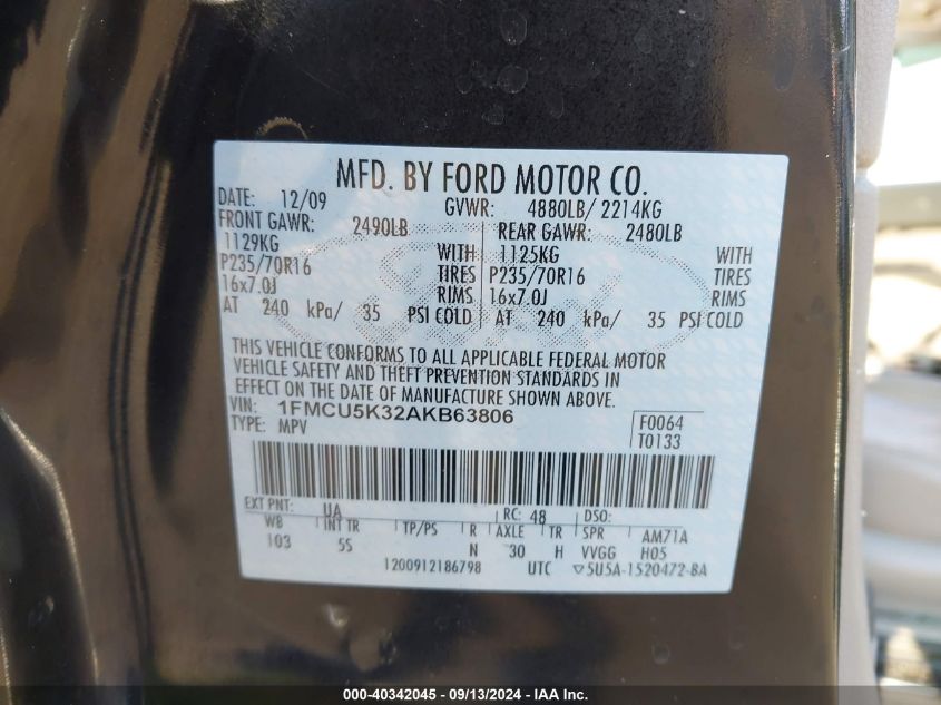 1FMCU5K32AKB63806 2010 Ford Escape Hybrid Limited