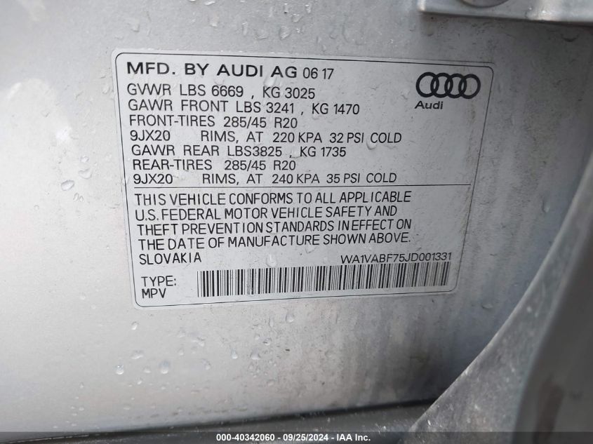 2018 Audi Q7 3.0T Premium VIN: WA1VABF75JD001331 Lot: 40342060