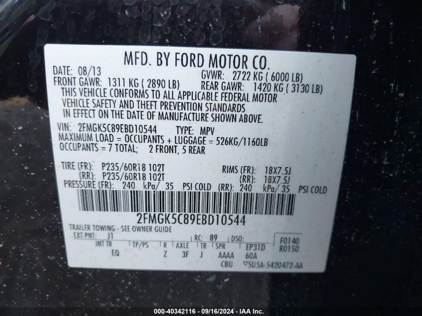 2FMGK5C89EBD10544 2014 Ford Flex Sel