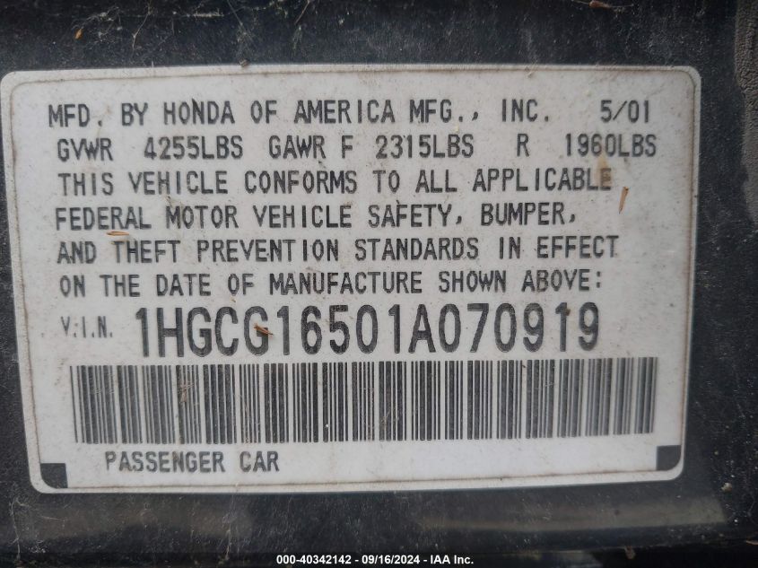 2001 Honda Accord Ex VIN: 1HGCG16501A070919 Lot: 40342142