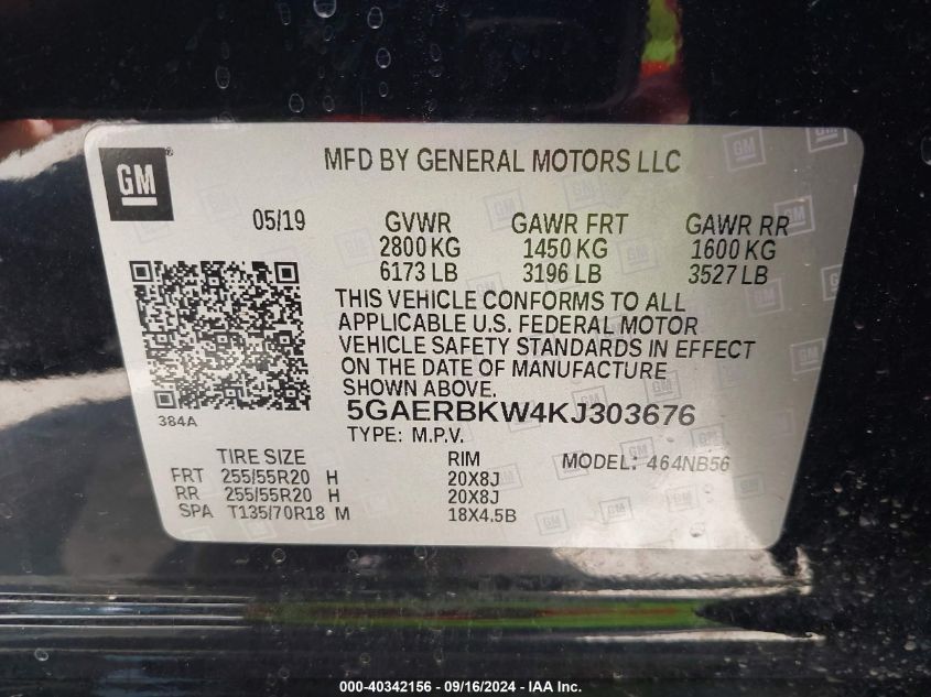 5GAERBKW4KJ303676 2019 Buick Enclave Fwd Essence