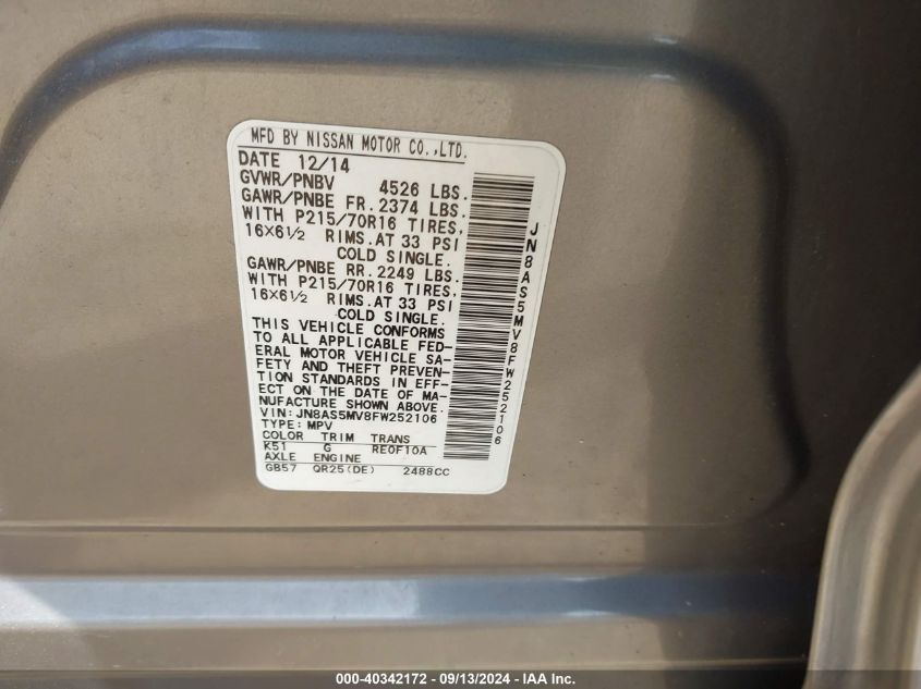 2015 Nissan Rogue Select S VIN: JN8AS5MV8FW252106 Lot: 40342172