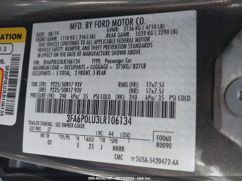 2020 FORD FUSION HYBRID SE - 3FA6P0LU3LR106134