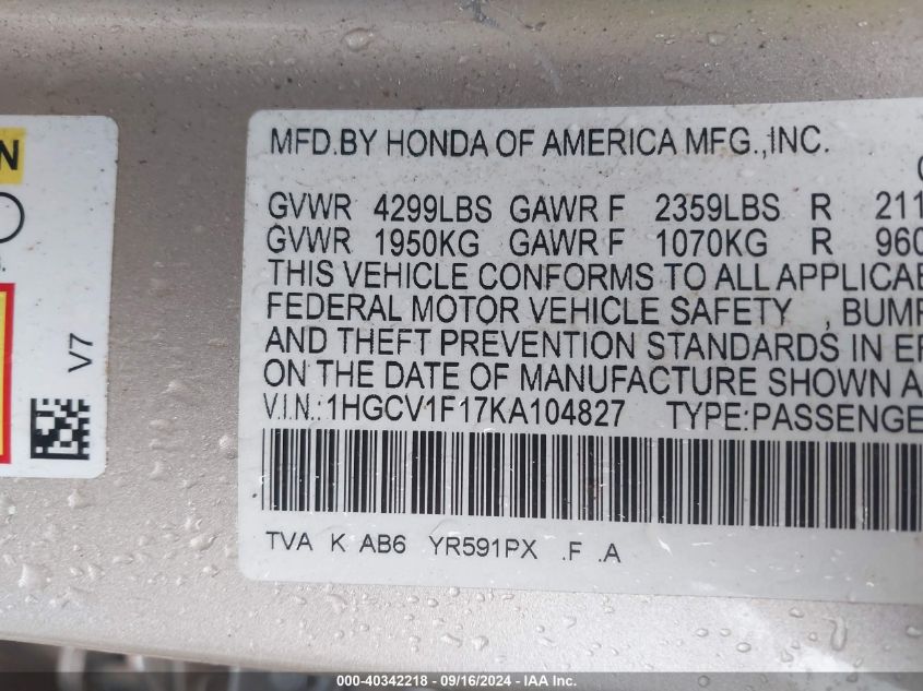 1HGCV1F17KA104827 2019 Honda Accord Lx