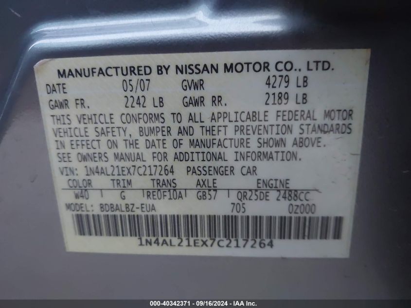 1N4AL21EX7C217264 2007 Nissan Altima 2.5/2.5S